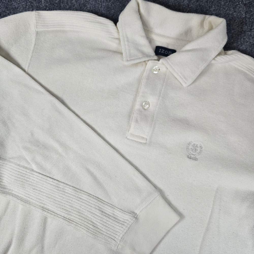 IZOD Mens Long Sleeve Polo‎ Shirt Cream Knit Size M Natural Blend